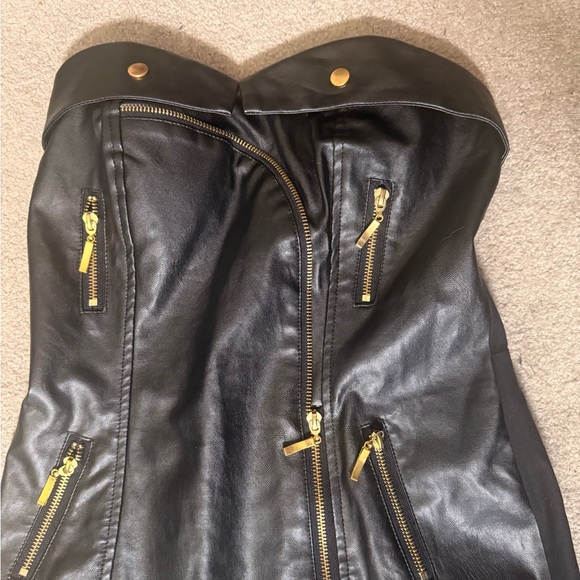 Carmin Black Strapless Leather Dress with Gold Zippers - Picture 3 of 5